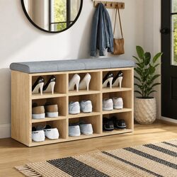 Brown Shoe Bench with Padded Seat for Storage