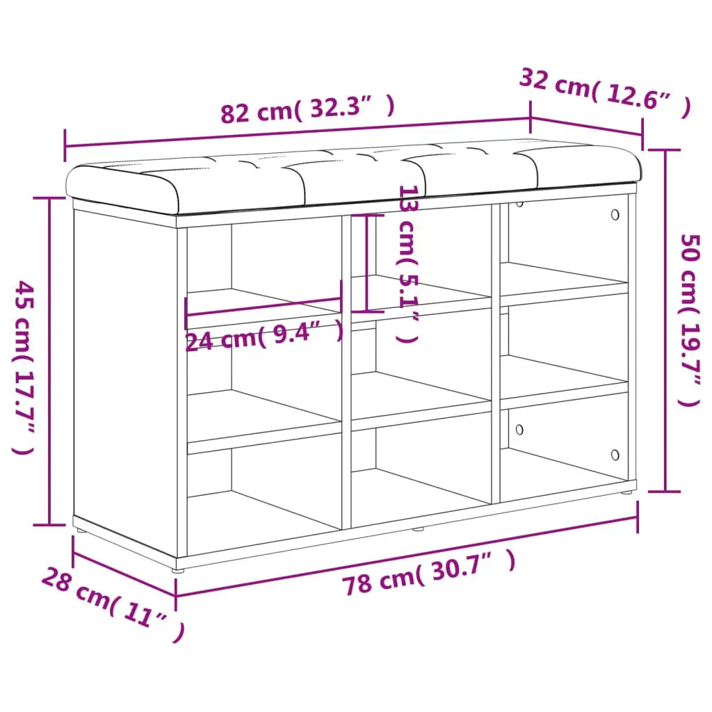 Shoe Bench Storage Padded Seat Brown Engineered Wood 82x32x50cm