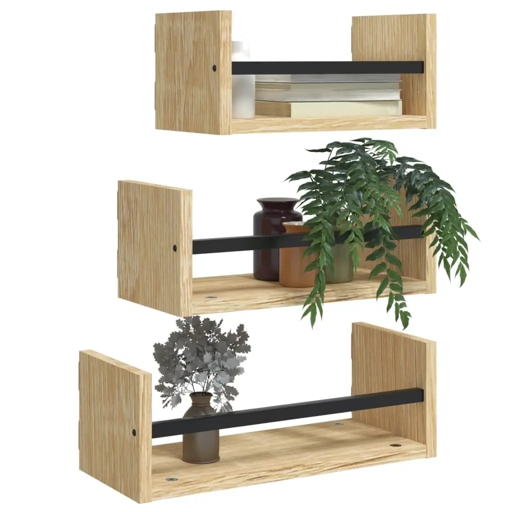 Wall Shelf Set Floating Shelves 3 Piece Brown Engineered Wood