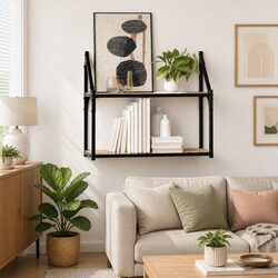 2-Tier Wall Shelf for Floating Display in Brown