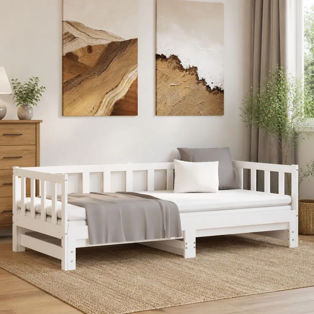 White Solid Wood Day Bed with Pull-Out Trundle 90x190 cm