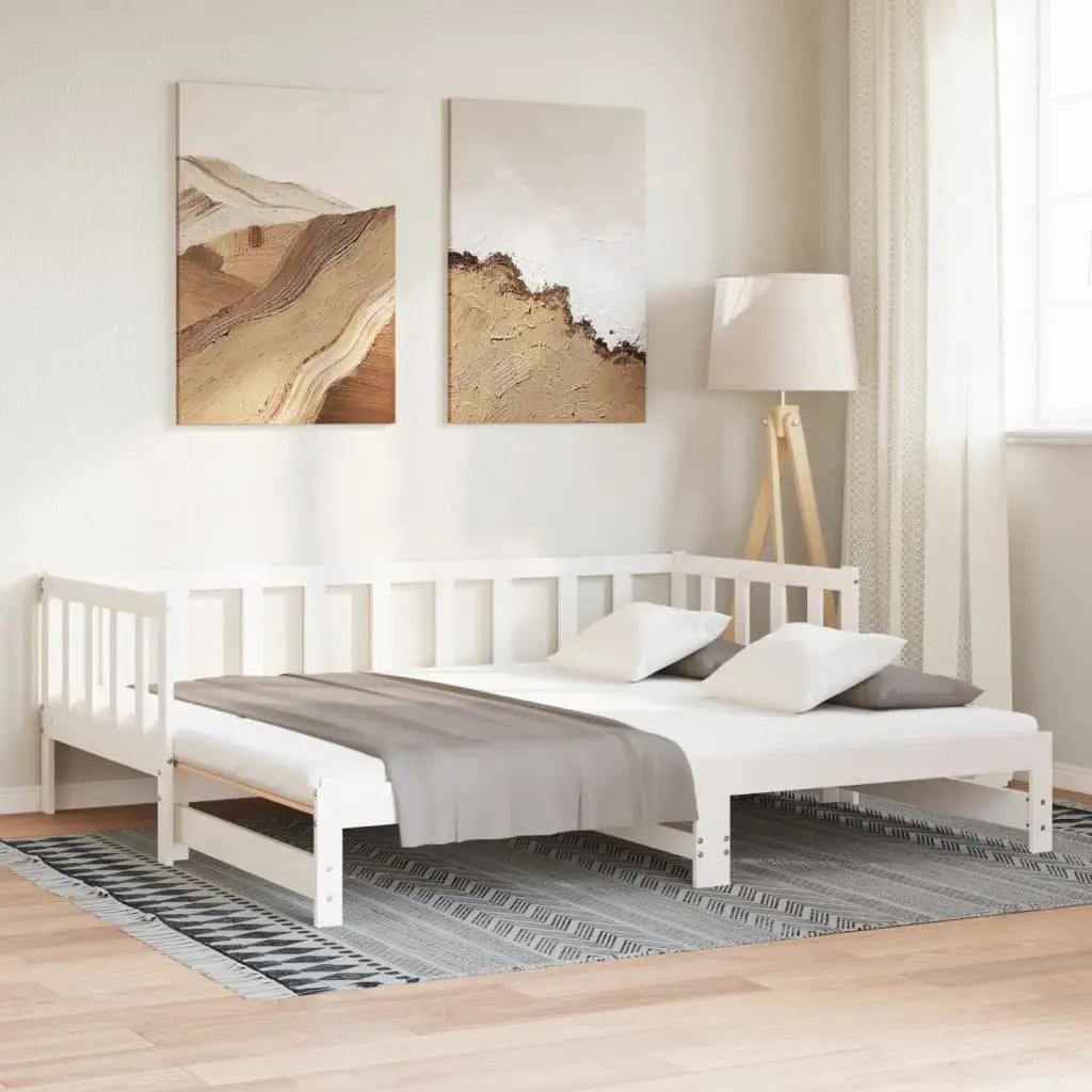 White Solid Wood Day Bed with Pull-Out Trundle 90x190 cm