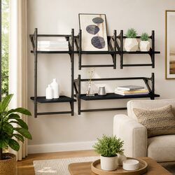 4-Piece Floating Wall Shelf Set with Integrated Bars in Black