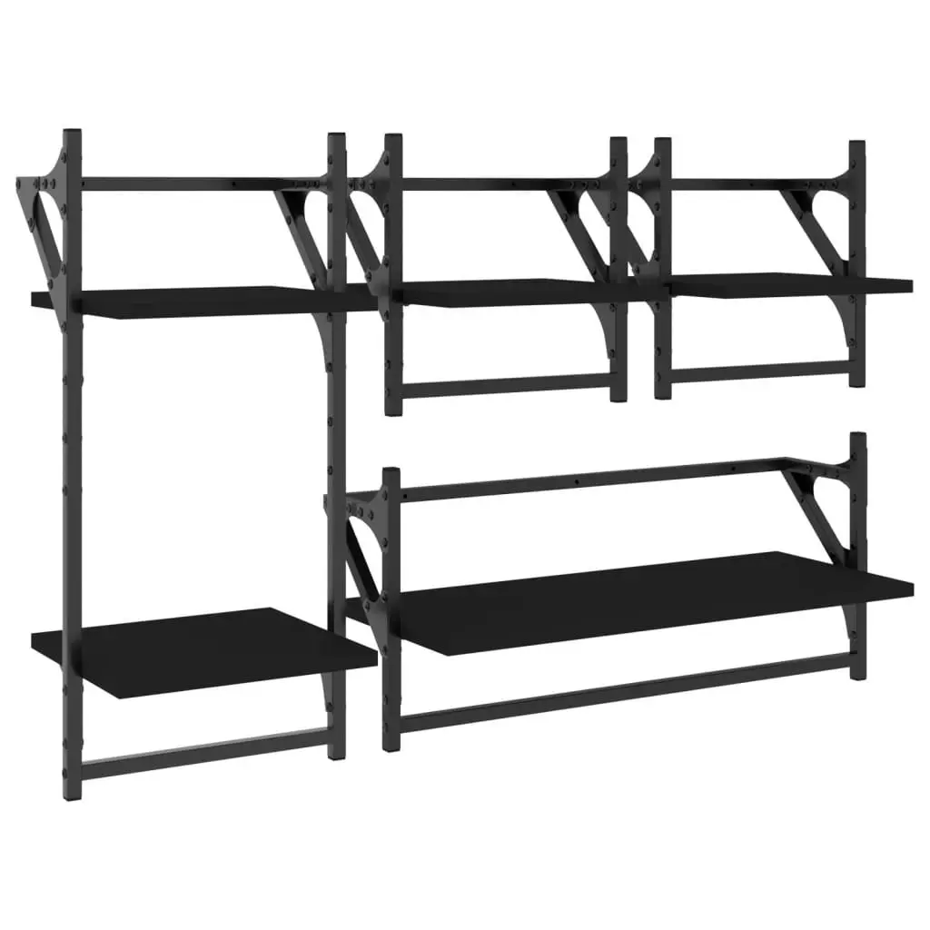 Wall Shelf Set Floating Shelves with Bars Black Engineered Wood 4 Piece