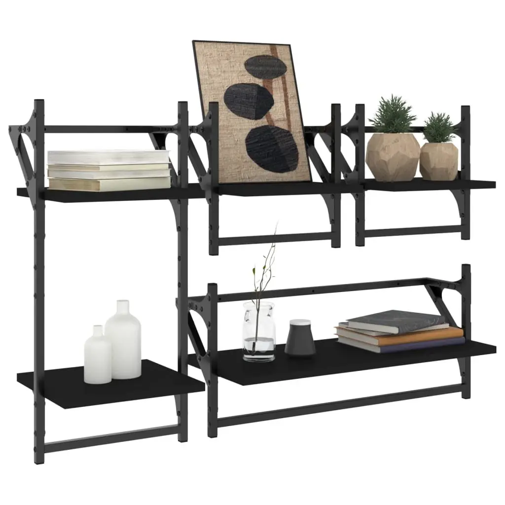 Wall Shelf Set Floating Shelves with Bars Black Engineered Wood 4 Piece