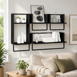 4-Piece Black Floating Wall Shelf Set with Bars