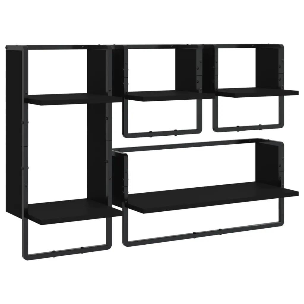 4 Piece Floating Display Shelf Set Black Wall Mounted with Bars Engineered Wood