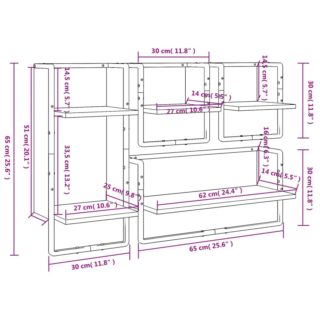 4 Piece Floating Display Shelf Set Black Wall Mounted with Bars Engineered Wood