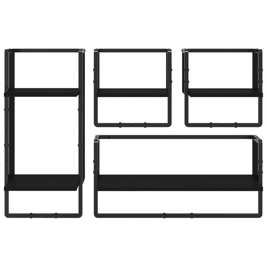 4 Piece Floating Display Shelf Set Black Wall Mounted with Bars Engineered Wood