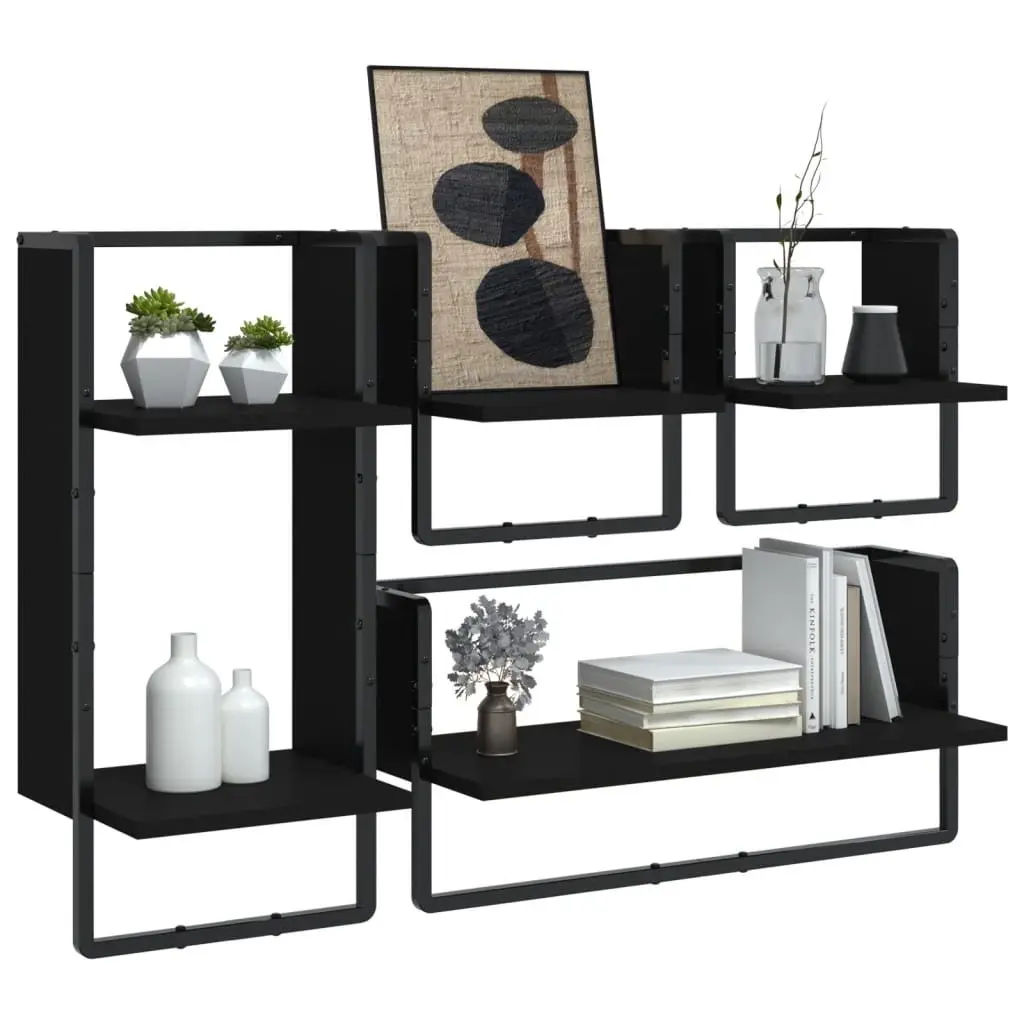 4 Piece Floating Display Shelf Set Black Wall Mounted with Bars Engineered Wood