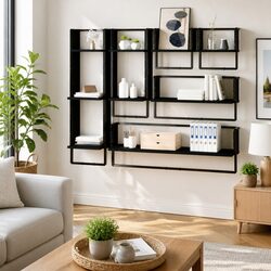 6-Piece Black Floating Wall Shelf Set with Bars