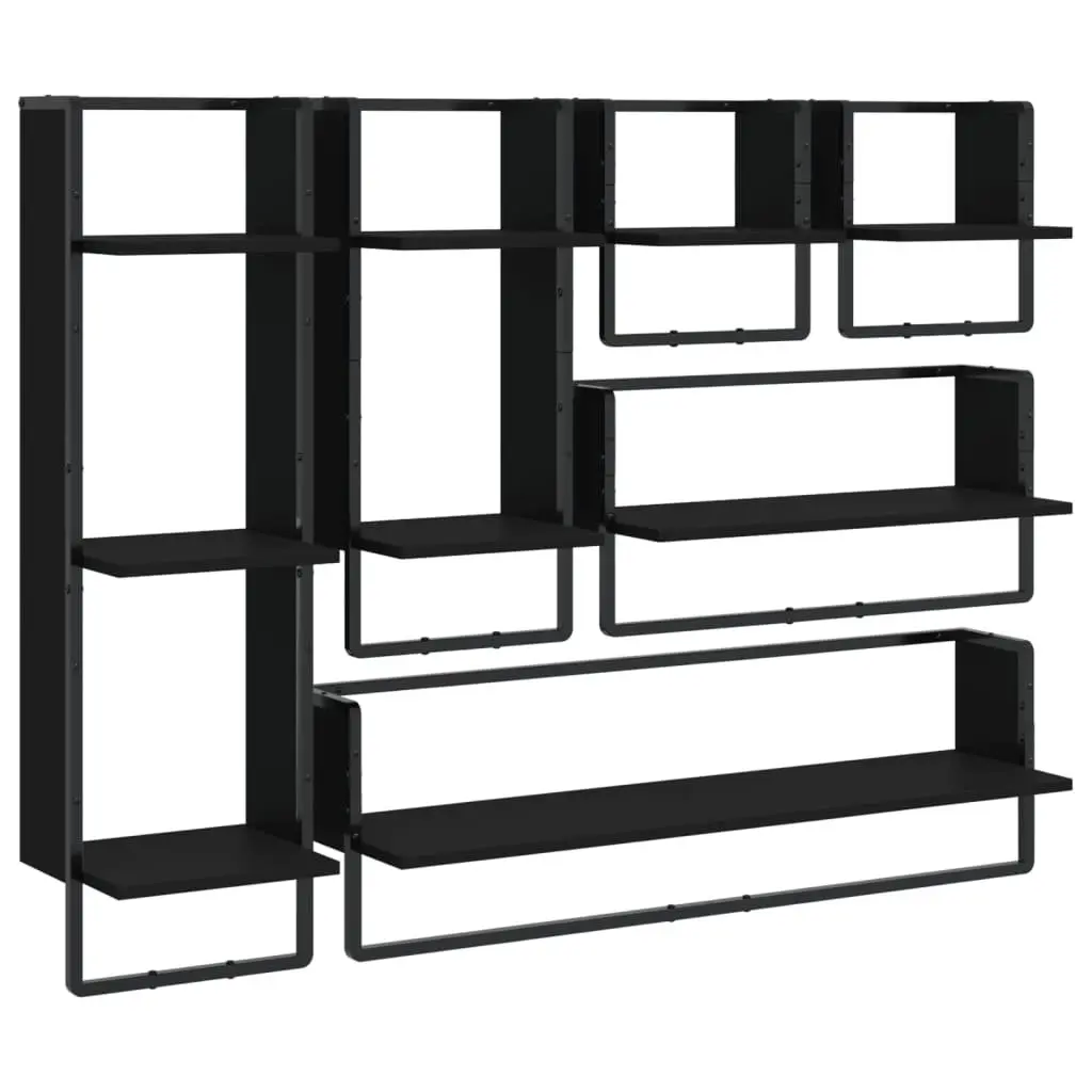 Wall Shelf Set Black Floating Display Shelves with Bars 6 Piece Engineered Wood