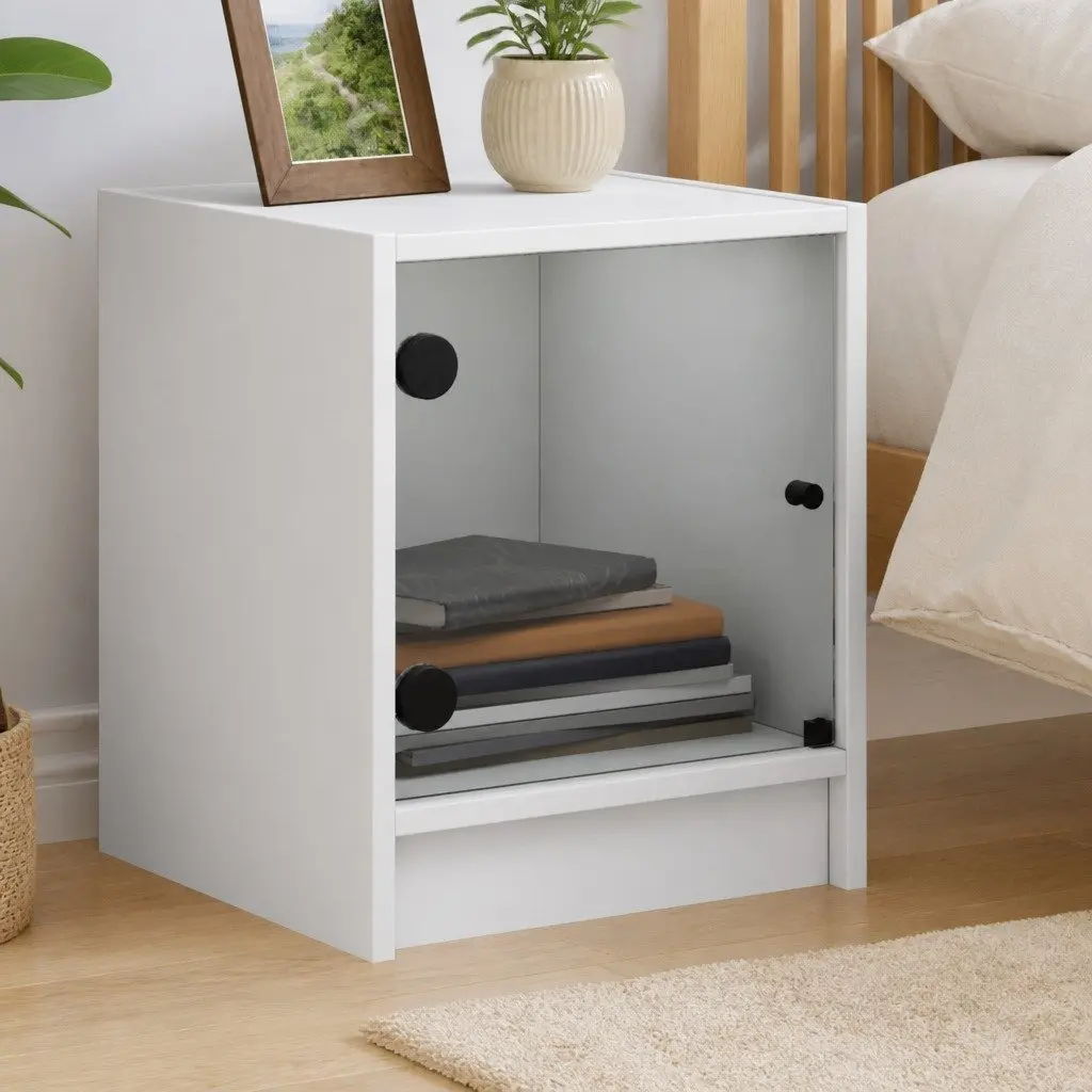 Bedside Table Engineered Wood White Storage Cabinet with Glass Door 35Wx37Dx42Hcm