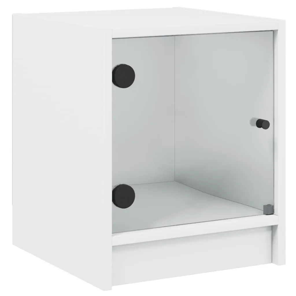 Bedside Table Engineered Wood White Storage Cabinet with Glass Door 35Wx37Dx42Hcm
