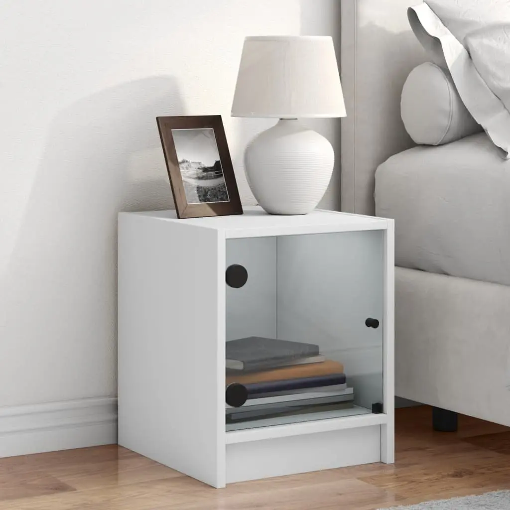 Bedside Table Engineered Wood White Storage Cabinet with Glass Door 35Wx37Dx42Hcm