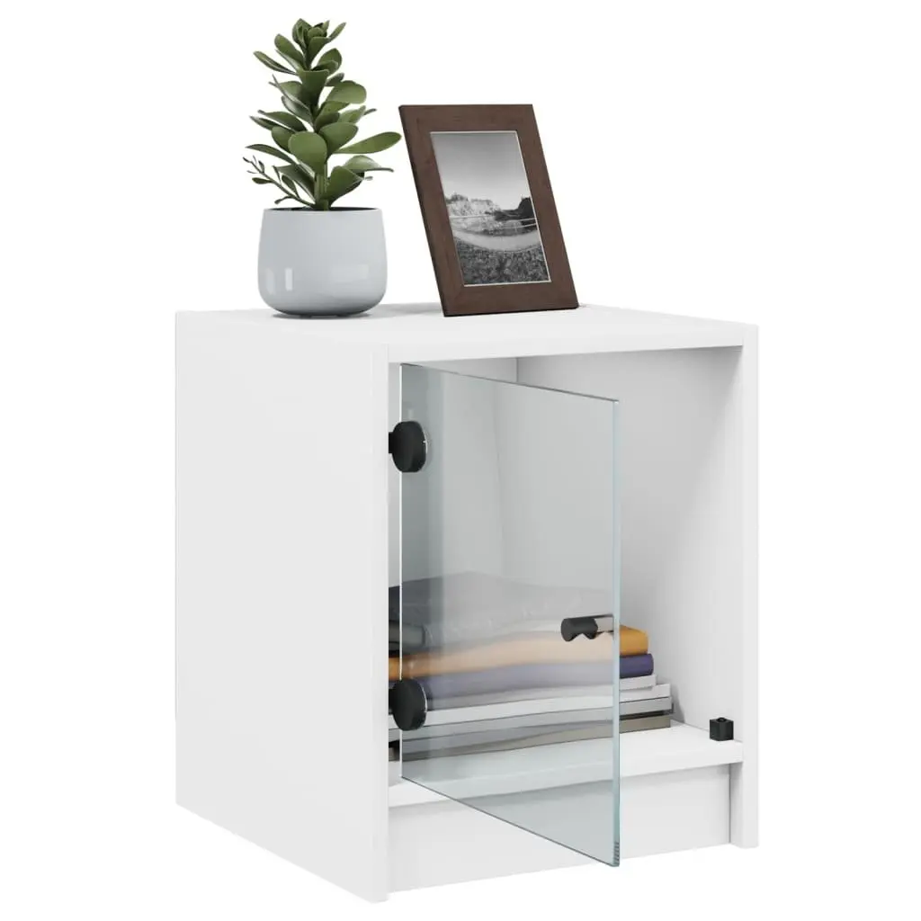 Bedside Table Engineered Wood White Storage Cabinet with Glass Door 35Wx37Dx42Hcm