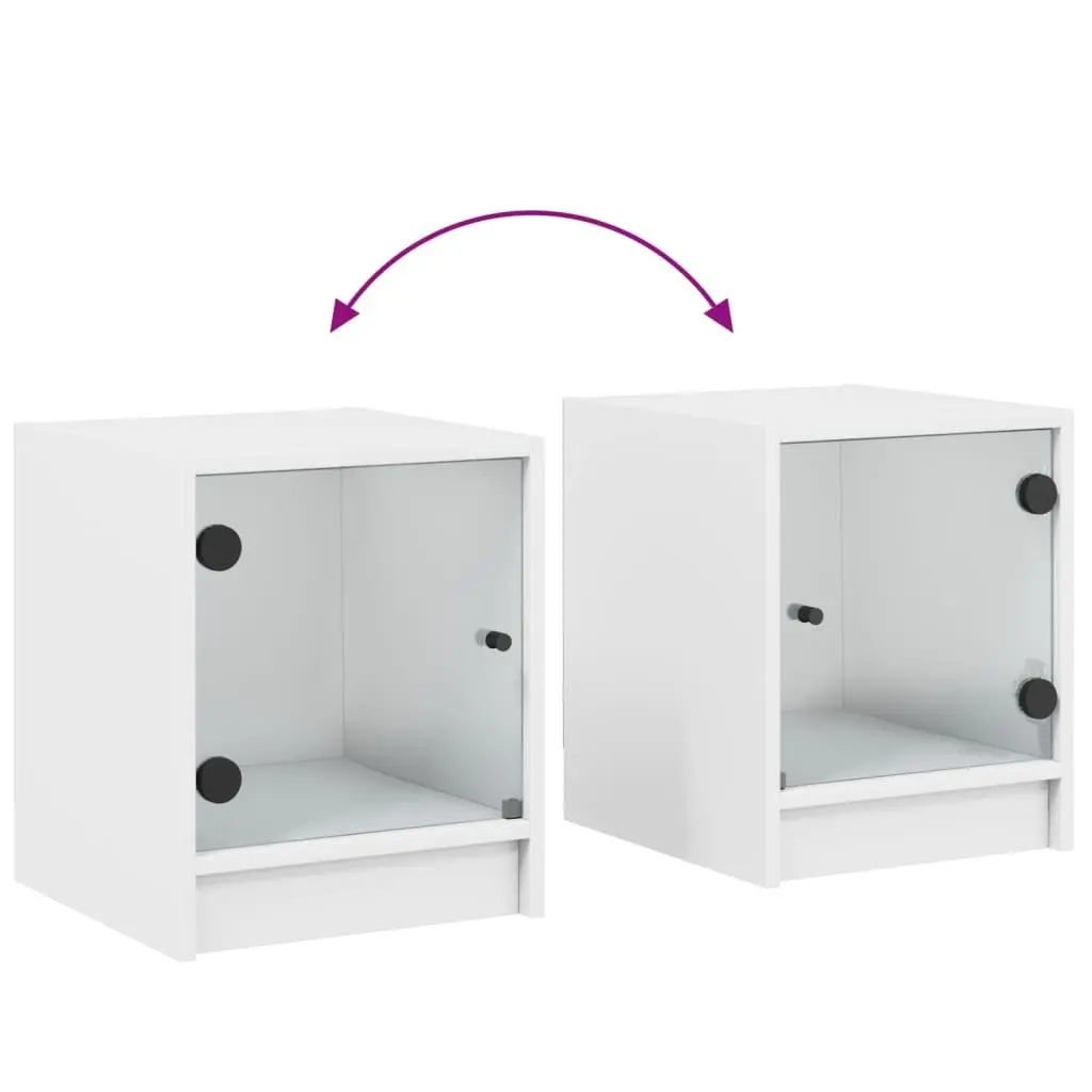 Bedside Table Engineered Wood White Storage Cabinet with Glass Door 35Wx37Dx42Hcm
