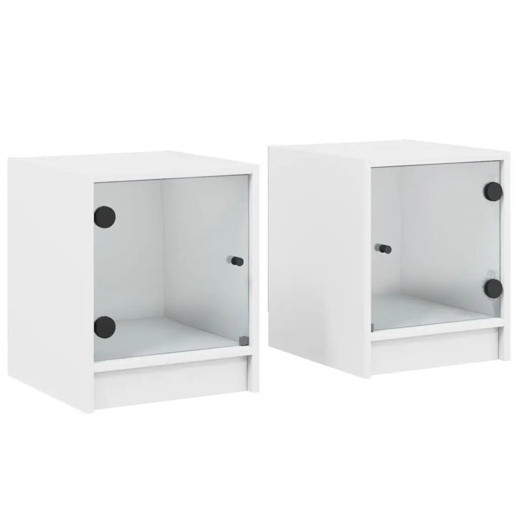 Bedside Cabinets with Glass Doors White 2 Piece Engineered Wood Storage Furniture