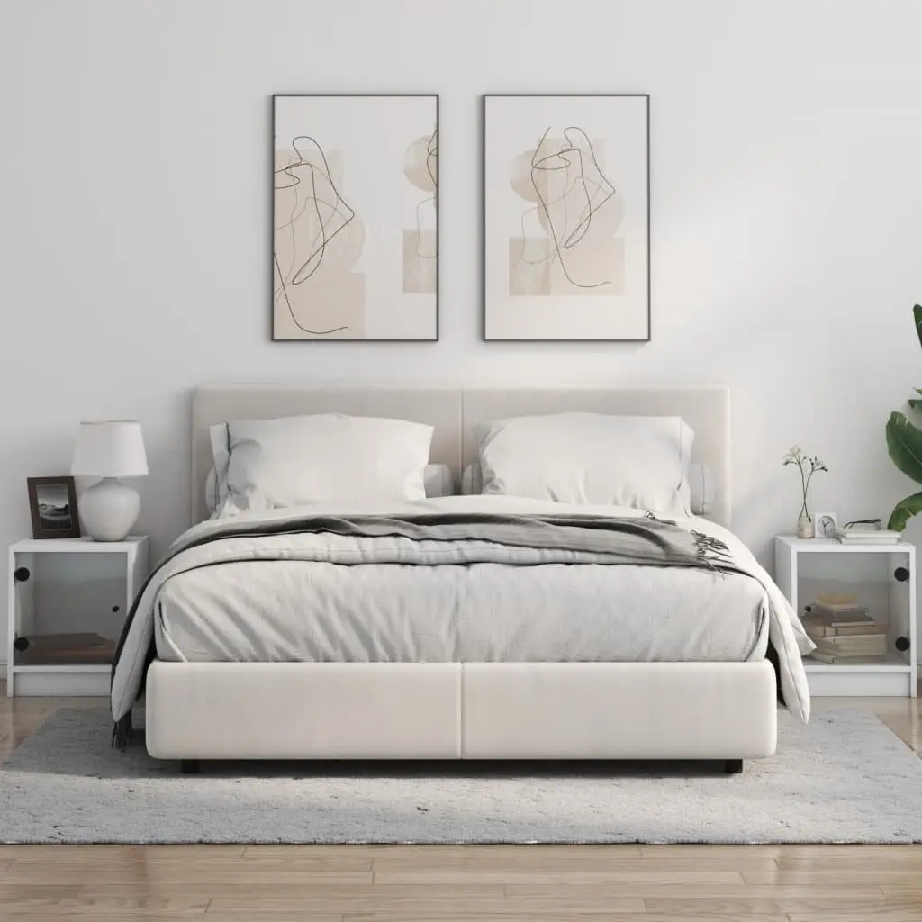 Bedside Cabinets with Glass Doors White 2 Piece Engineered Wood Storage Furniture