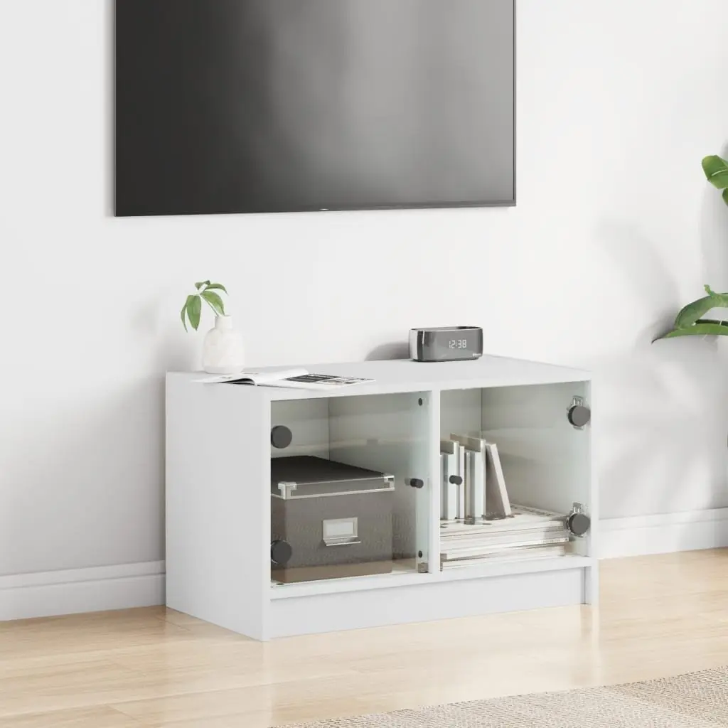 TV Cabinet White Engineered Wood Media Stand with Glass Doors 68 x 37 x 42 cm