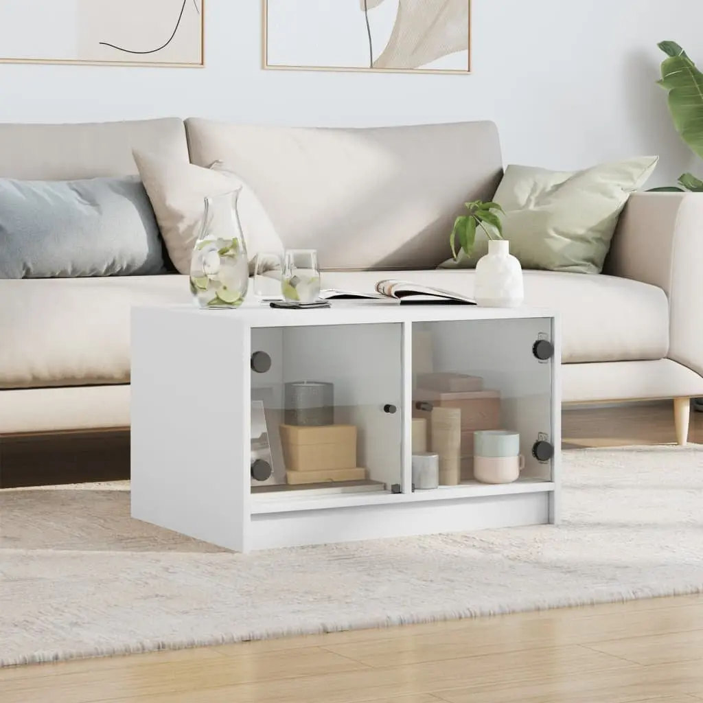 Coffee Table White 68x50x42cm Engineered Wood with Glass Doors