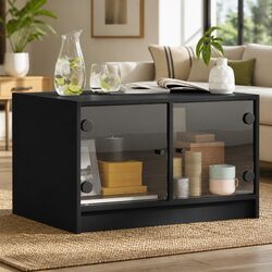 Stylish Black Coffee Table with Glass Doors