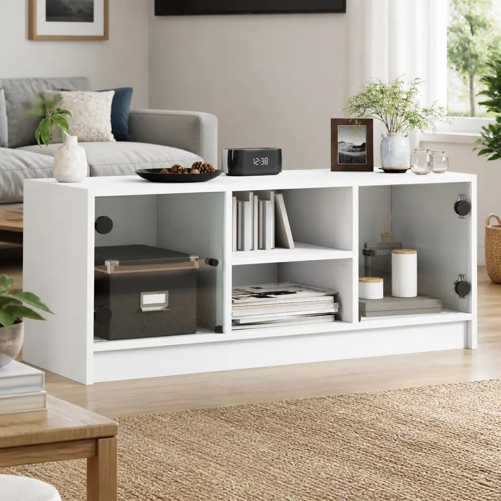 White Media Storage Unit with Glass Doors 102x37x42 cm