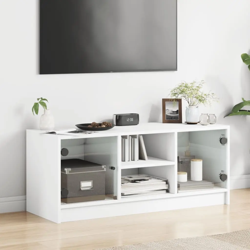 White Media Storage Unit with Glass Doors 102x37x42 cm