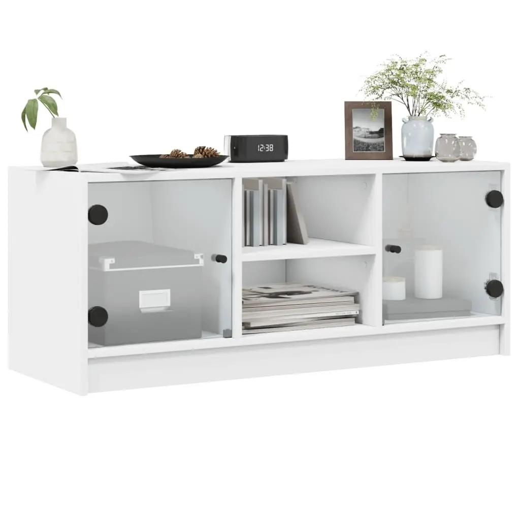 White Media Storage Unit with Glass Doors 102x37x42 cm