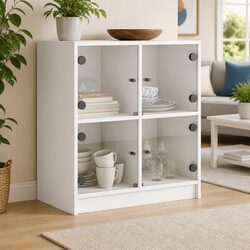 Elegant White Side Cabinet with Glass Doors