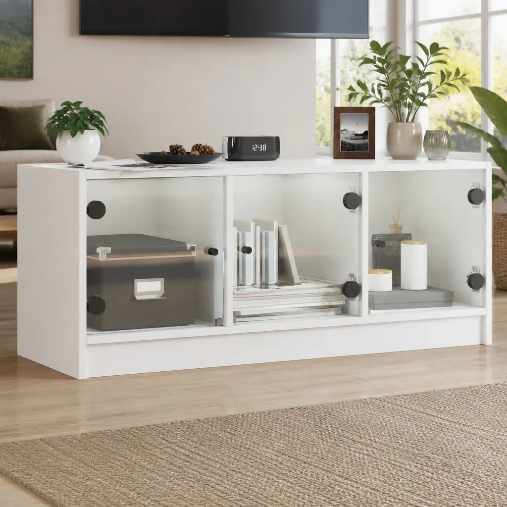 TV Cabinet White Glass Doors Storage Unit 102x37x42cm Engineered Wood