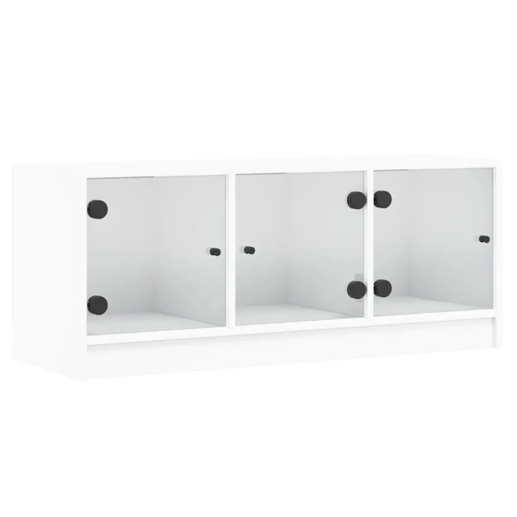 TV Cabinet White Glass Doors Storage Unit 102x37x42cm Engineered Wood