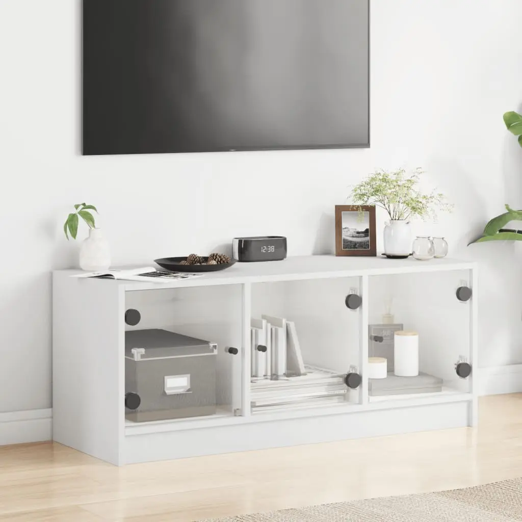 TV Cabinet White Glass Doors Storage Unit 102x37x42cm Engineered Wood