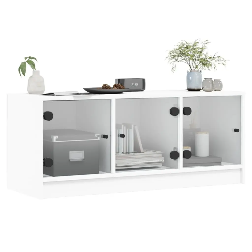 TV Cabinet White Glass Doors Storage Unit 102x37x42cm Engineered Wood