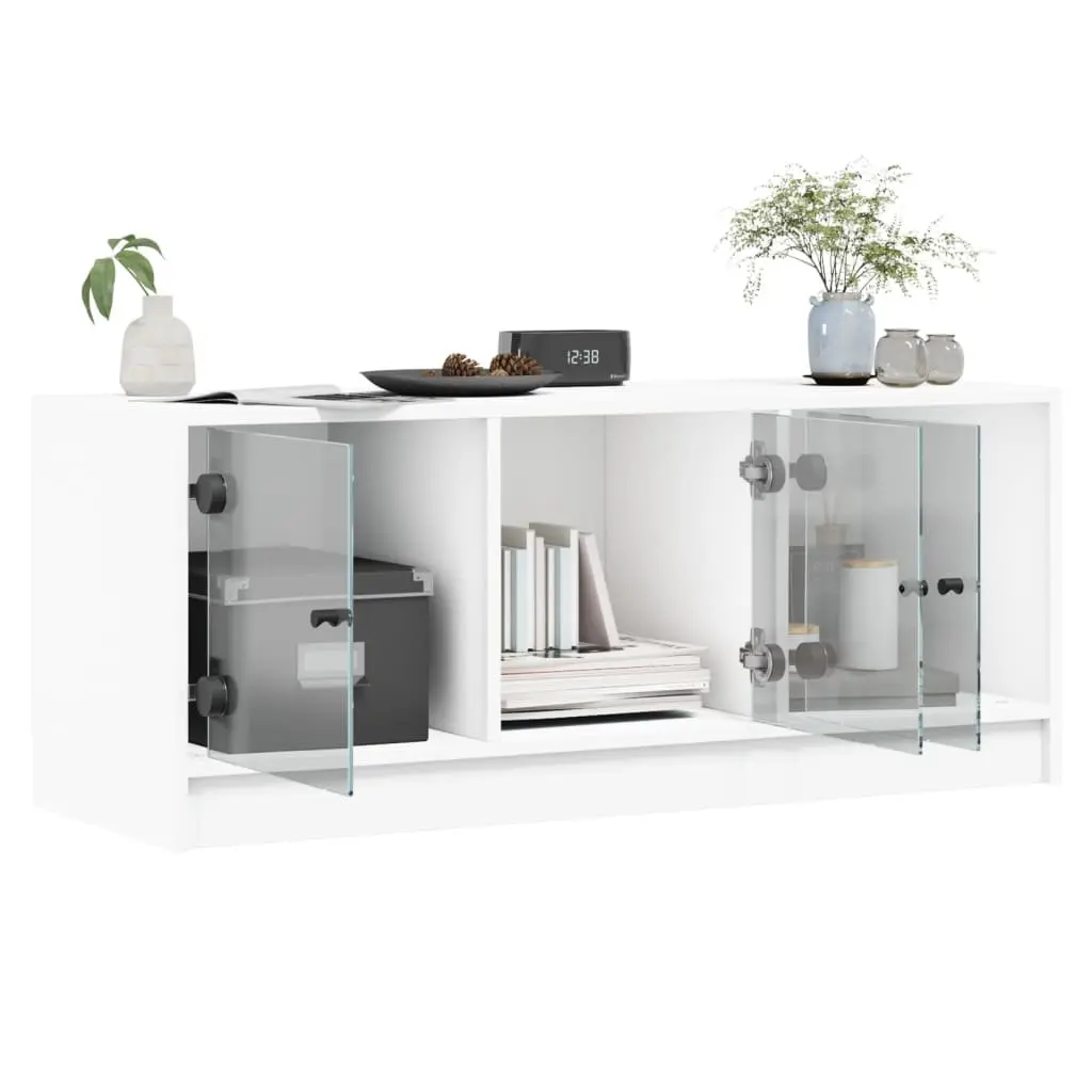 TV Cabinet White Glass Doors Storage Unit 102x37x42cm Engineered Wood