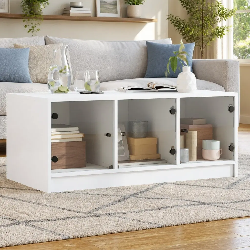 Coffee Table White Engineered Wood Glass Doors Storage Living Room 102L x 50W x 42H cm