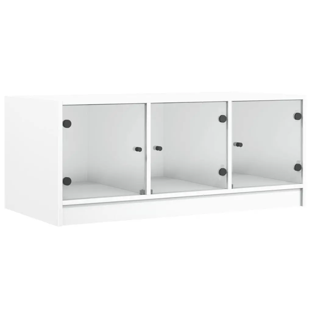 Coffee Table White Engineered Wood Glass Doors Storage Living Room 102L x 50W x 42H cm