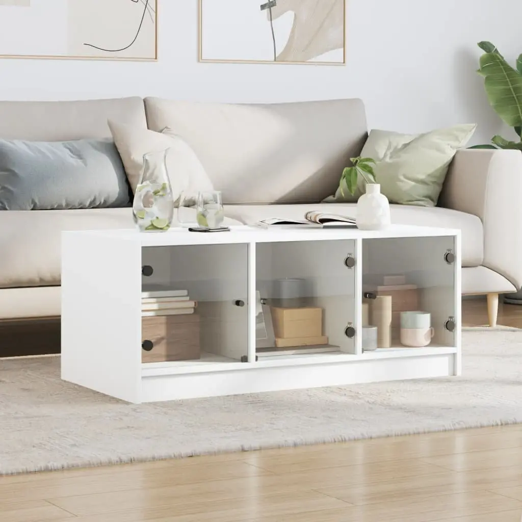 Coffee Table White Engineered Wood Glass Doors Storage Living Room 102L x 50W x 42H cm