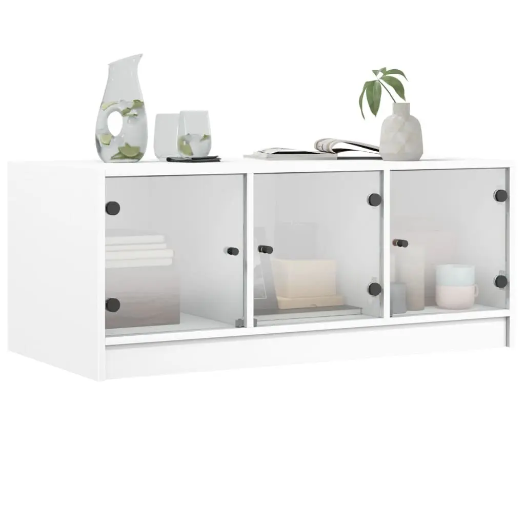 Coffee Table White Engineered Wood Glass Doors Storage Living Room 102L x 50W x 42H cm
