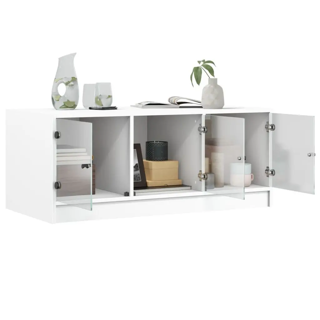 Coffee Table White Engineered Wood Glass Doors Storage Living Room 102L x 50W x 42H cm