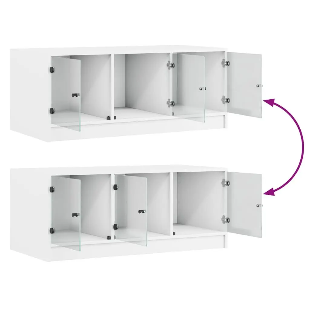 Coffee Table White Engineered Wood Glass Doors Storage Living Room 102L x 50W x 42H cm
