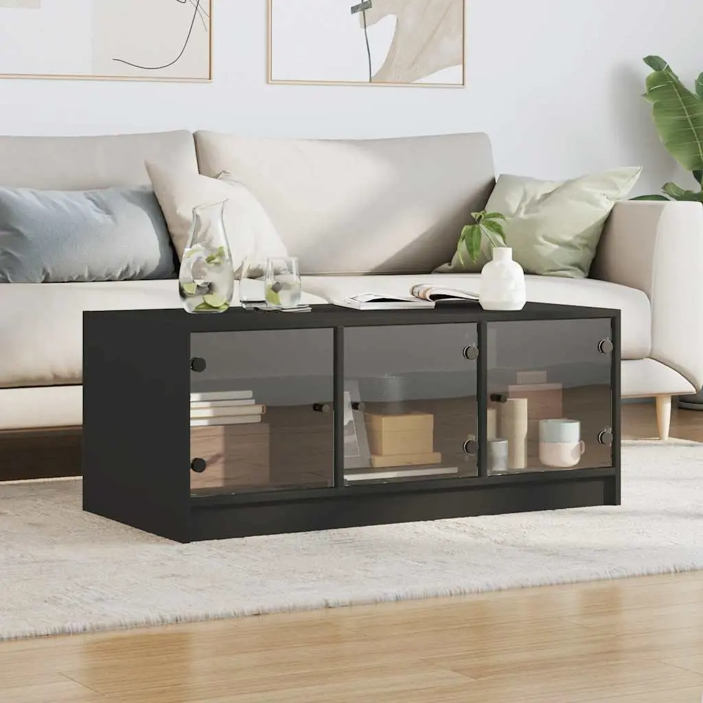 Black Coffee Table Glass Doors Storage Modern Living Room Furniture 102 x 50 x 42 cm Engineered Wood
