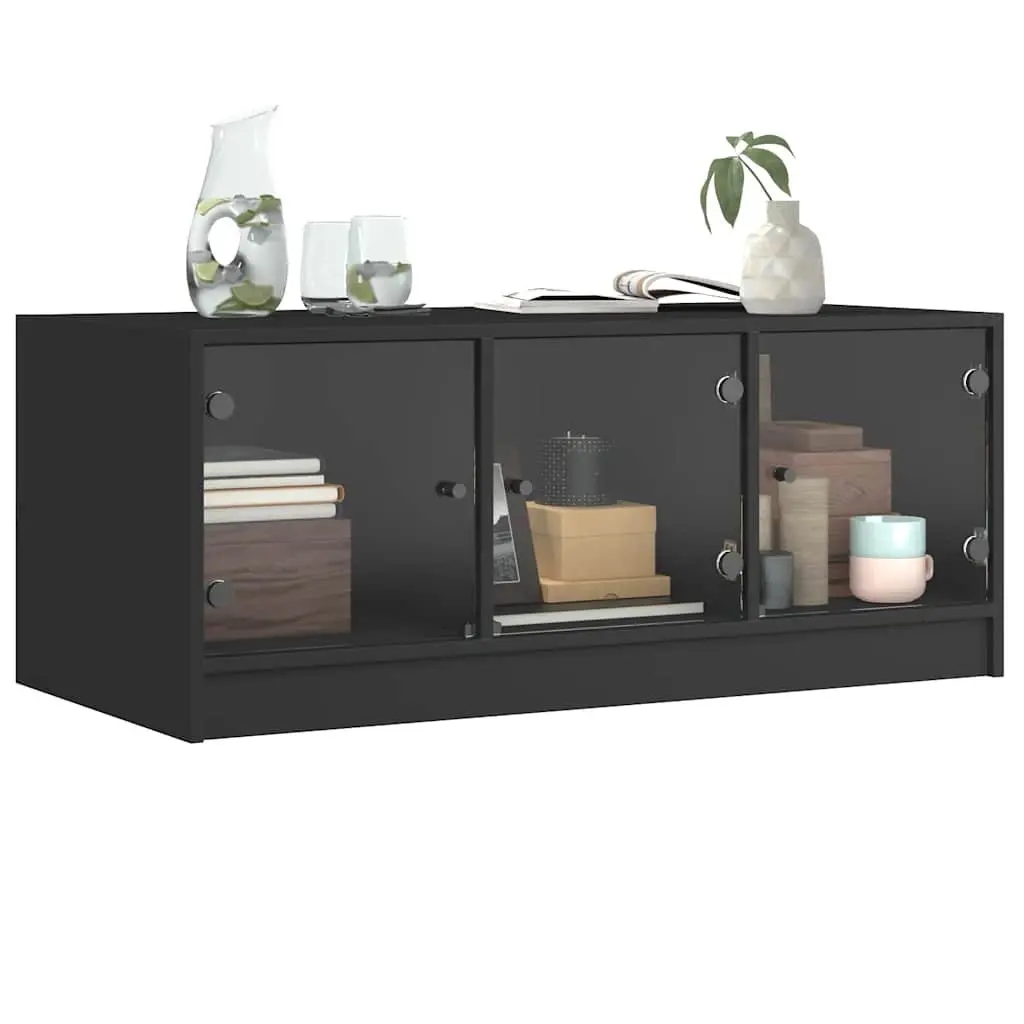 Black Coffee Table Glass Doors Storage Modern Living Room Furniture 102 x 50 x 42 cm Engineered Wood