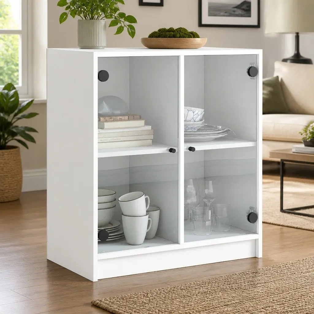 Side Cabinet Glass Doors White Storage Cupboard 68x37x75.5cm Engineered Wood