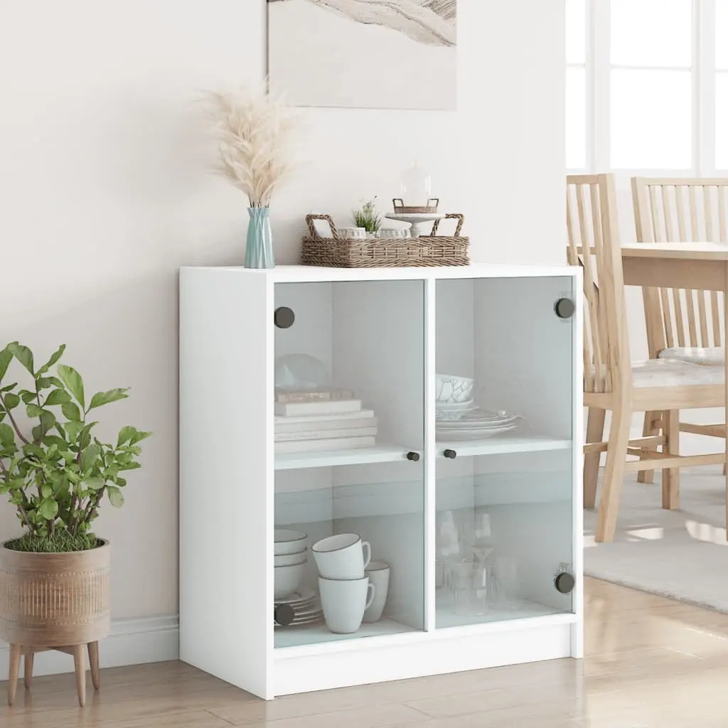 Side Cabinet Glass Doors White Storage Cupboard 68x37x75.5cm Engineered Wood