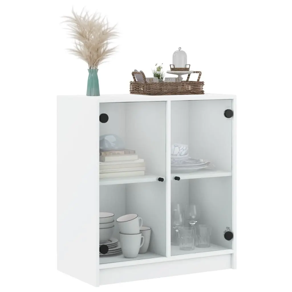 Side Cabinet Glass Doors White Storage Cupboard 68x37x75.5cm Engineered Wood
