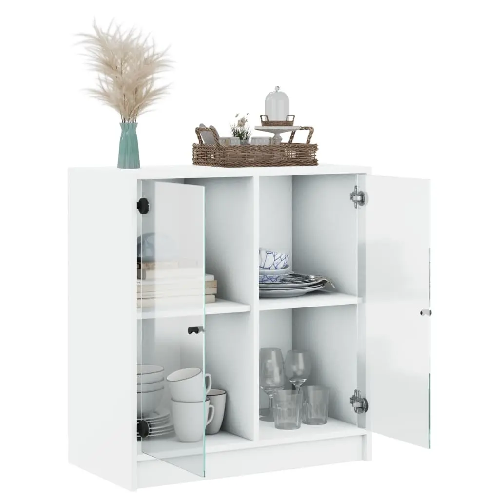 Side Cabinet Glass Doors White Storage Cupboard 68x37x75.5cm Engineered Wood