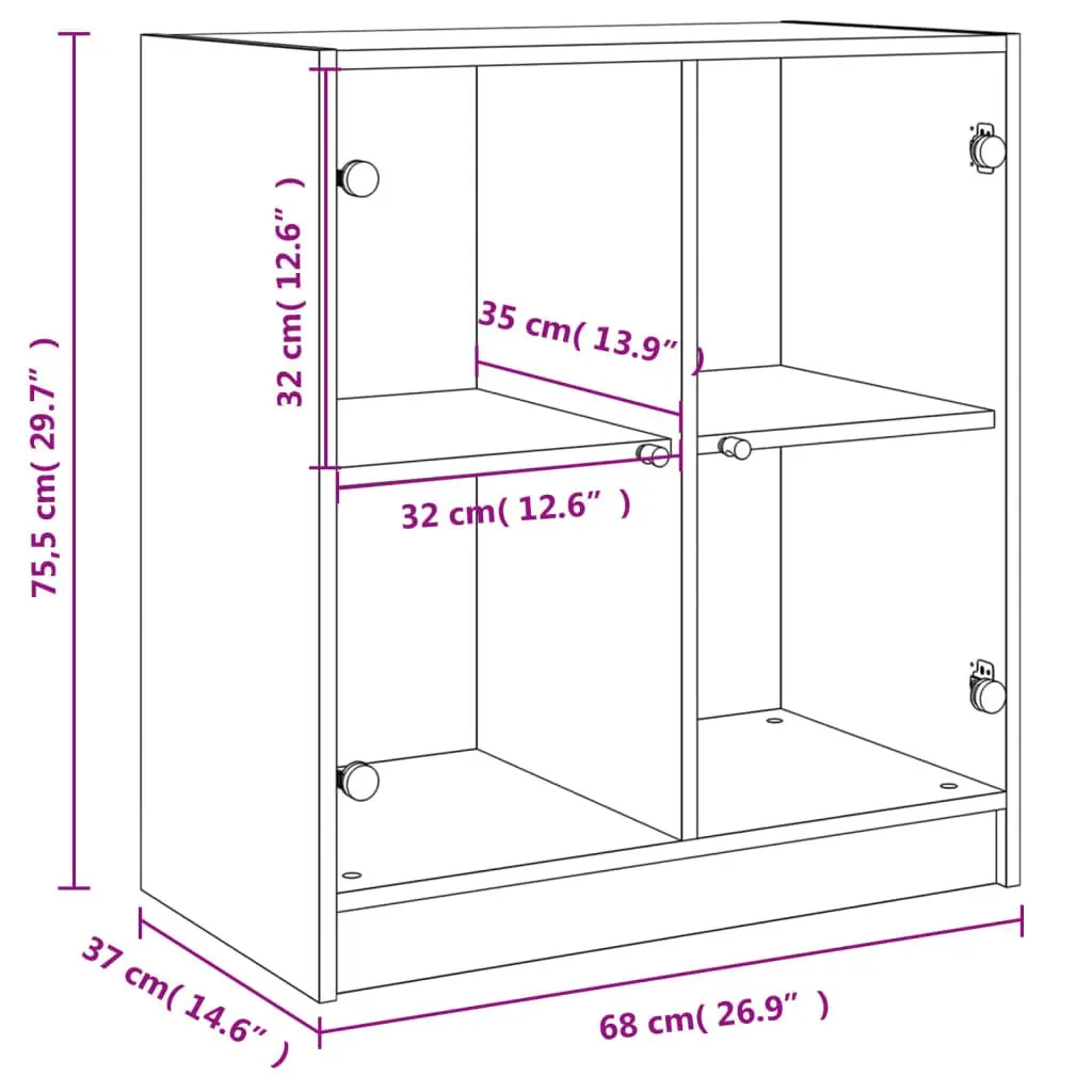 Side Cabinet Glass Doors White Storage Cupboard 68x37x75.5cm Engineered Wood