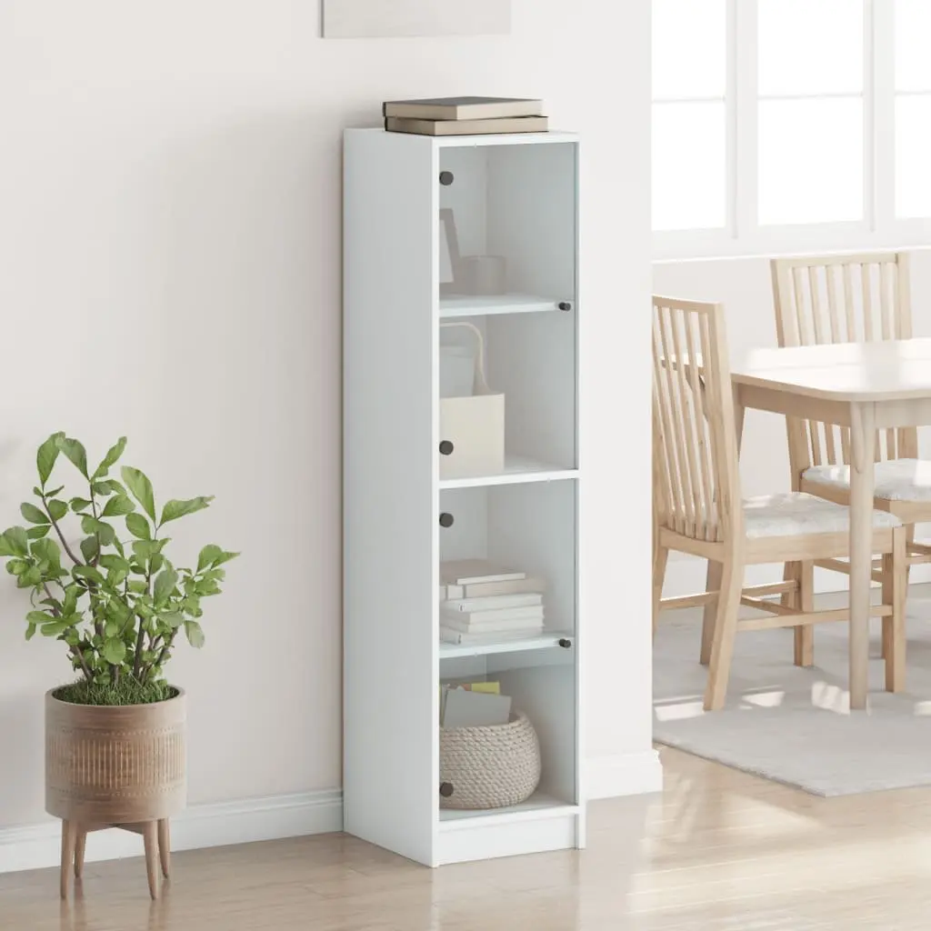 White Highboard Storage Cabinet with Glass Doors