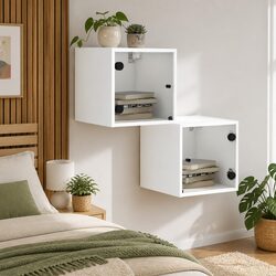 White Wall-Mounted Bedside Cabinet with Glass Doors 35x37x35cm